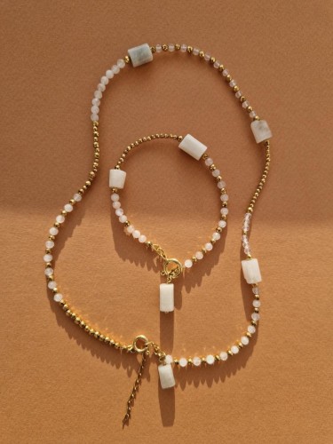 Zestaw Księżycowy - naszyjnik i bransoletka z kamieni księżycowych, kryształów górskich