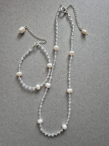 Srebrny zestaw Frozen naszyjnik i bransoletka z kryształów górskich i pereł, z łańcuszkami